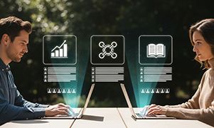 Two people working on laptops across a table, with glowing analytics and network icons between them