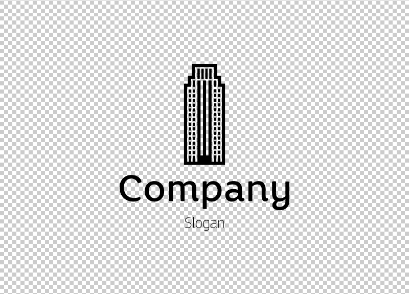 Logotipo en blanco y negro: rascacielos estilizado sobre la palabra 