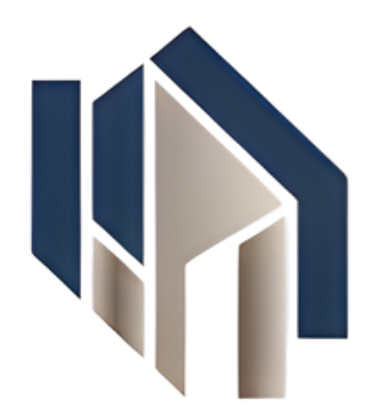 Geometric house logo with navy and tan color scheme.