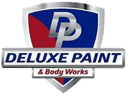 The logo for deluxe paint and body works is a shield with a letter p on it.