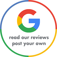 A google logo in a circle with the words `` read our reviews post your own ''.