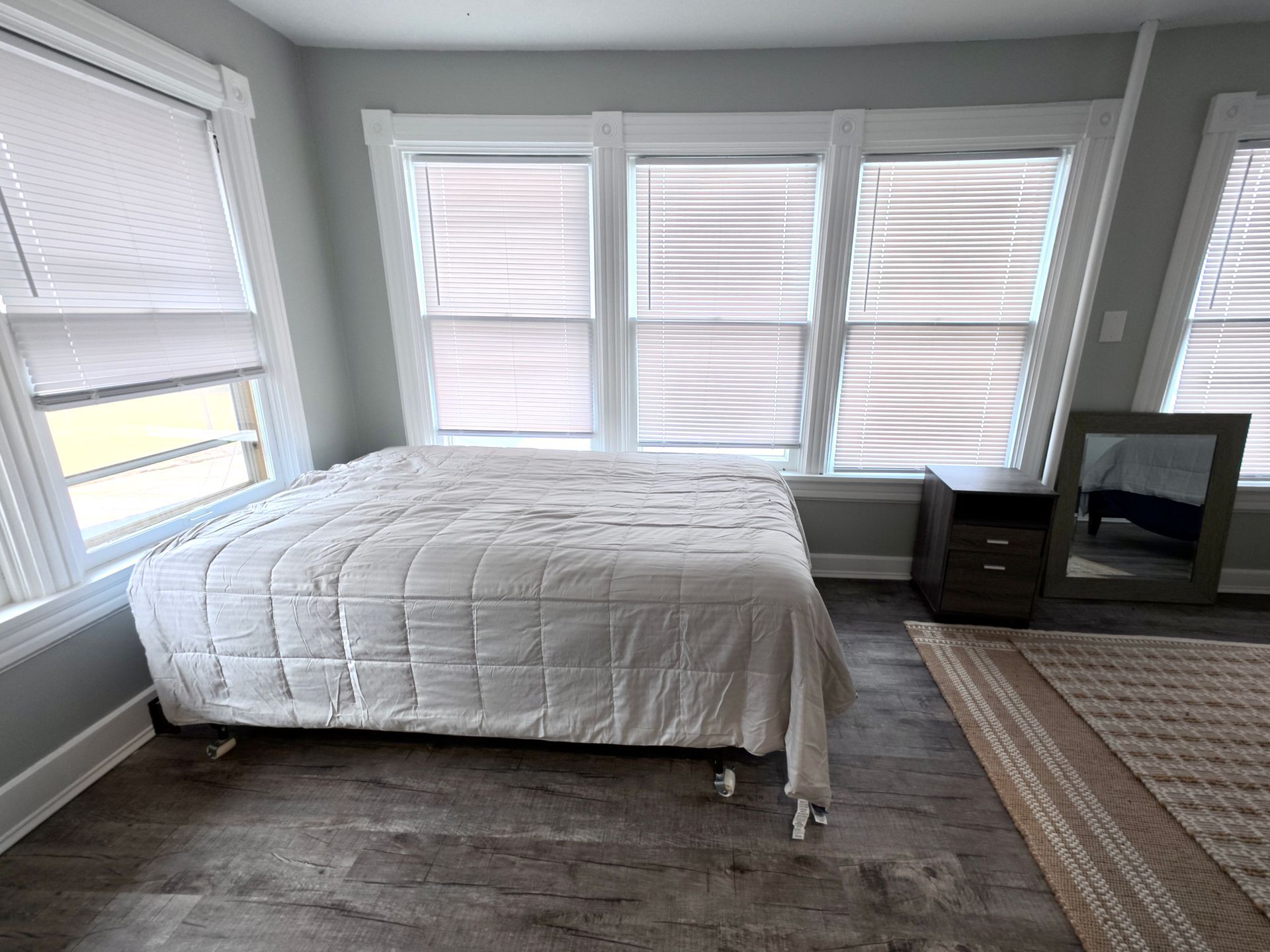 Bedroom with a bed, windows, nightstand, mirror, and rug.