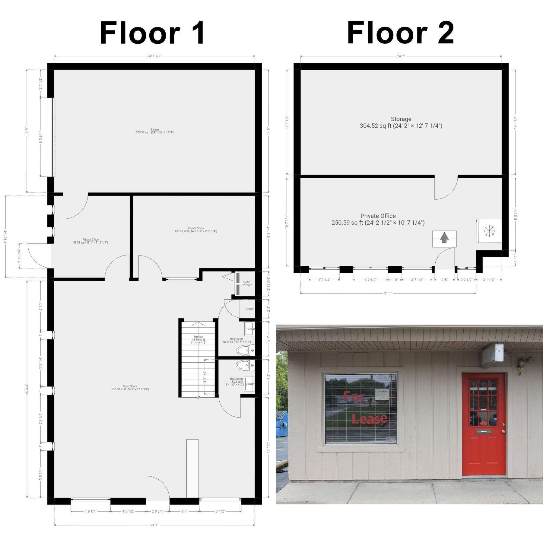 Floor plans for a two-story building; building exterior with red door and window sign.