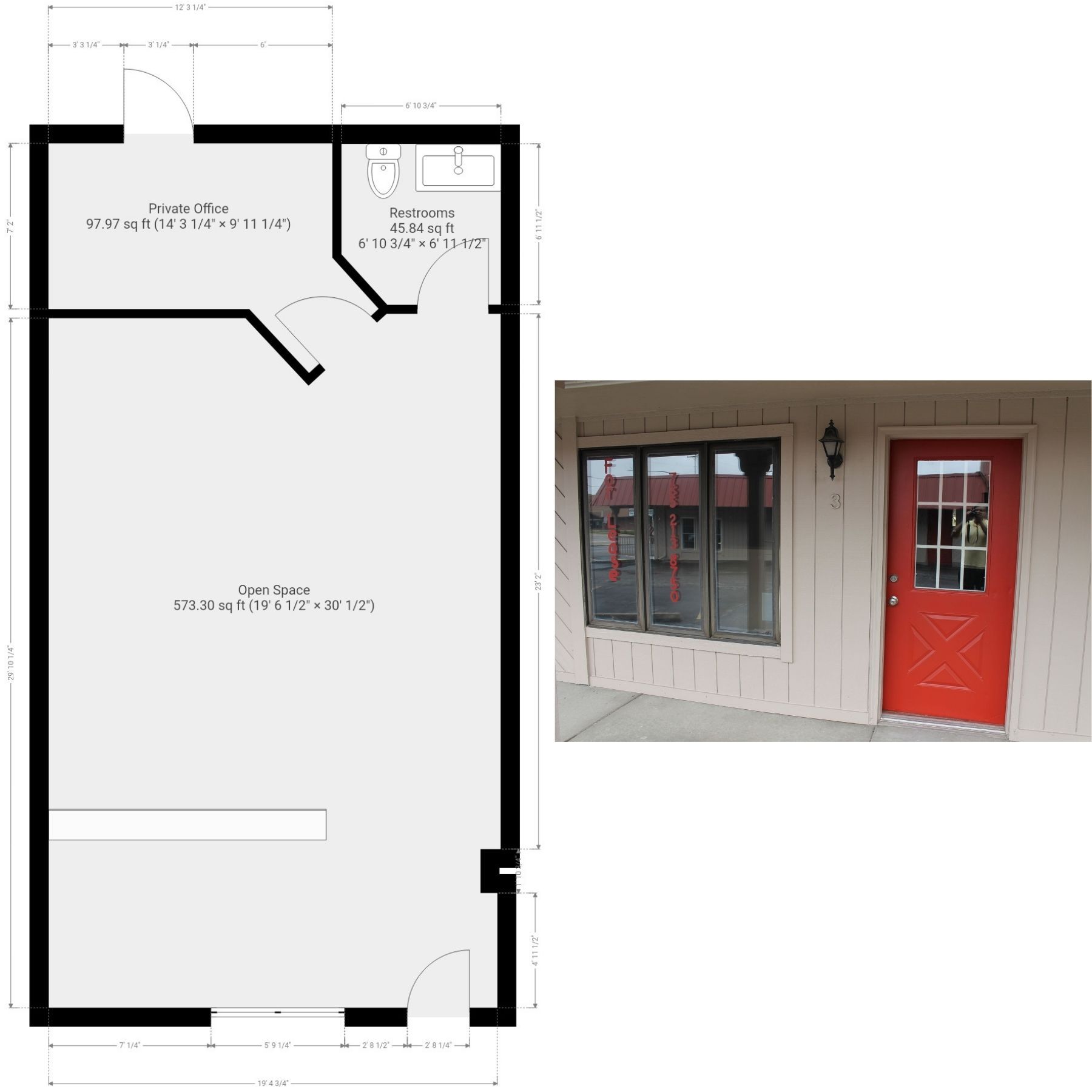 Floor plan of a room with a red door, white walls, and a large window.