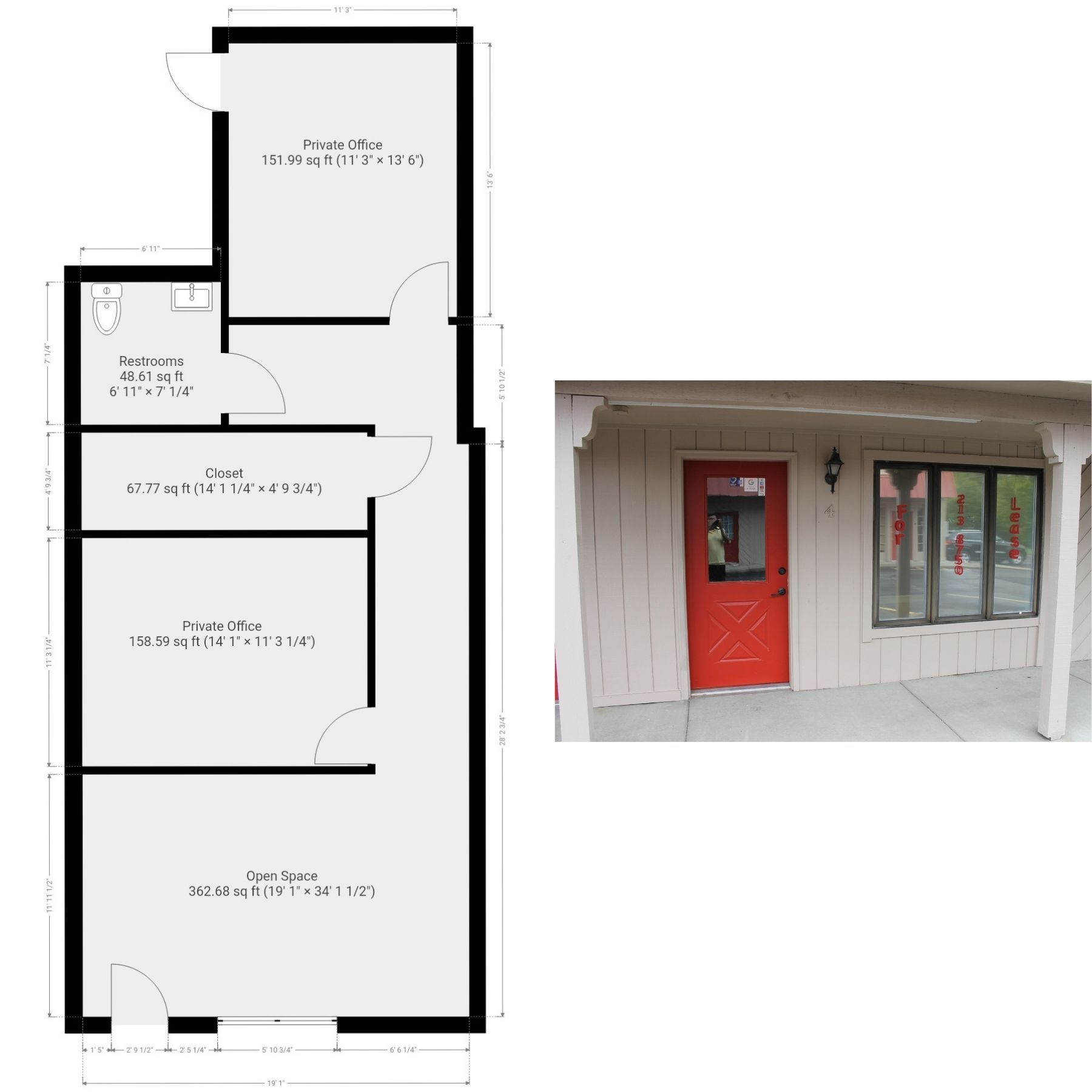 Floor plan of a building with a red door and a photograph of the building's exterior.