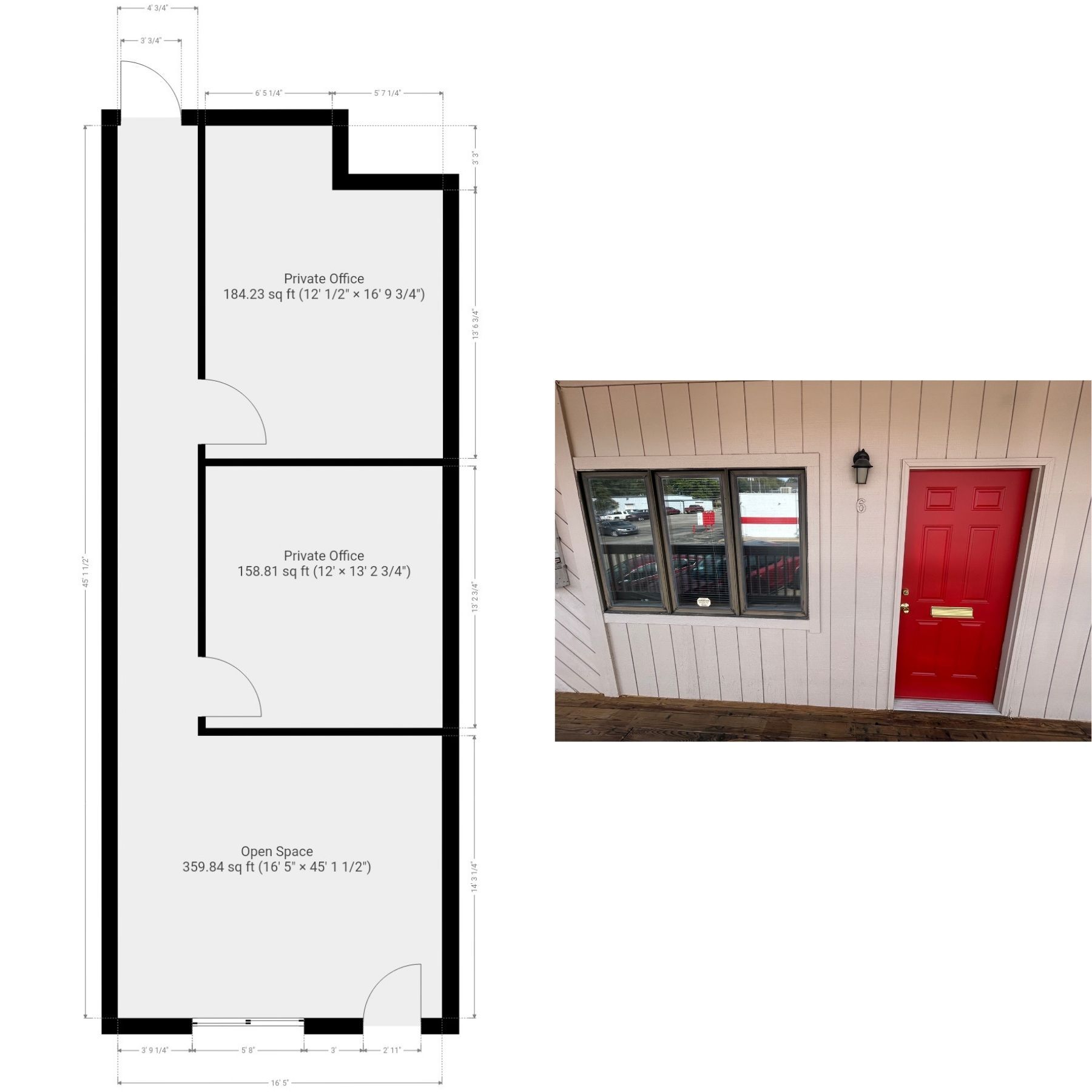 Floor plan next to a building exterior. Building has red door, window, and off-white siding. Floor plan shows 3 rooms.