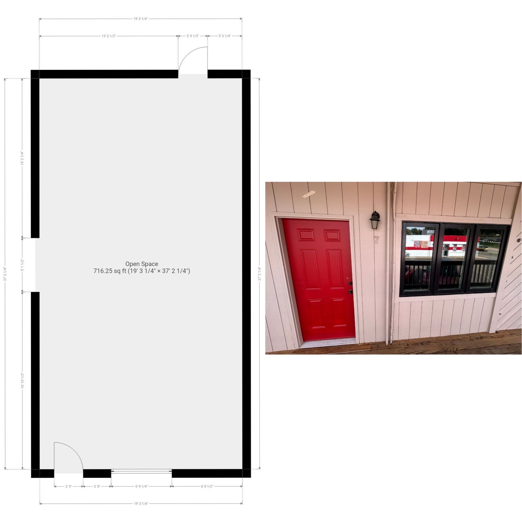 Floor plan of a rectangular room with a red door and windows on the exterior.