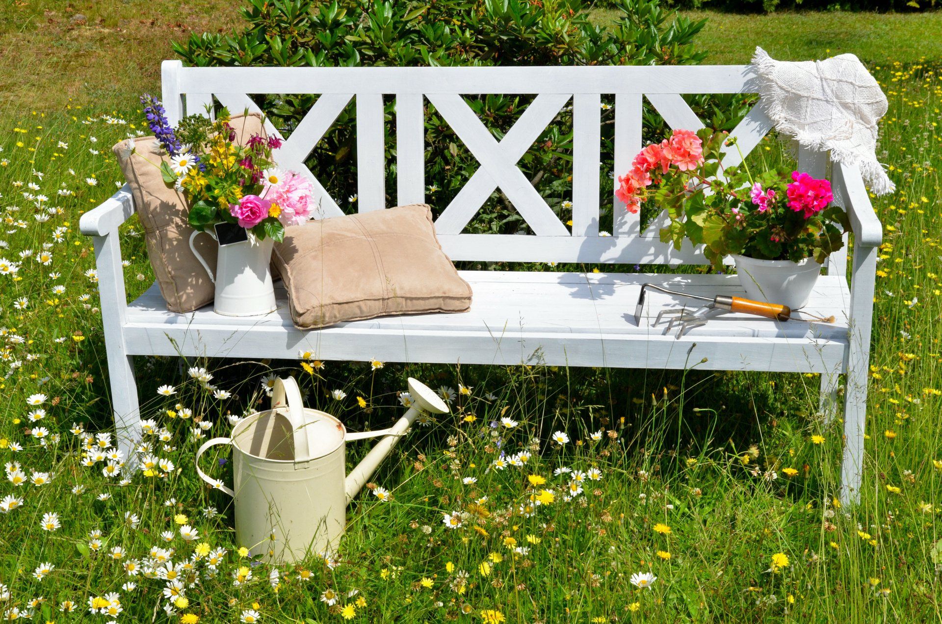 weiße Gartenbank mit Blumen und Sitzkissen
