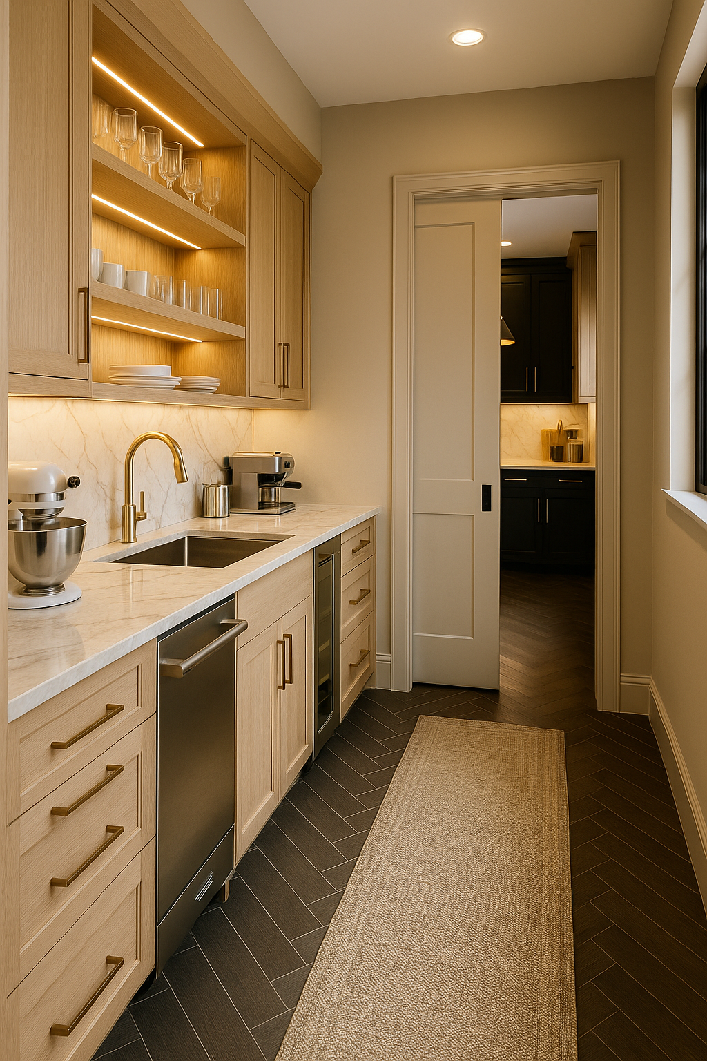 Butler's pantry with light wood cabinets, stainless steel appliances, and a doorway to the main kitchen.