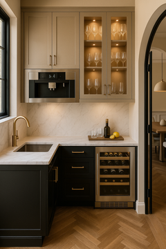Compact, modern wet bar with black and beige cabinets, stainless steel sink and appliances, and wine fridge.