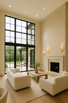 Living room with large windows, fireplace, and cream-colored sofas.
