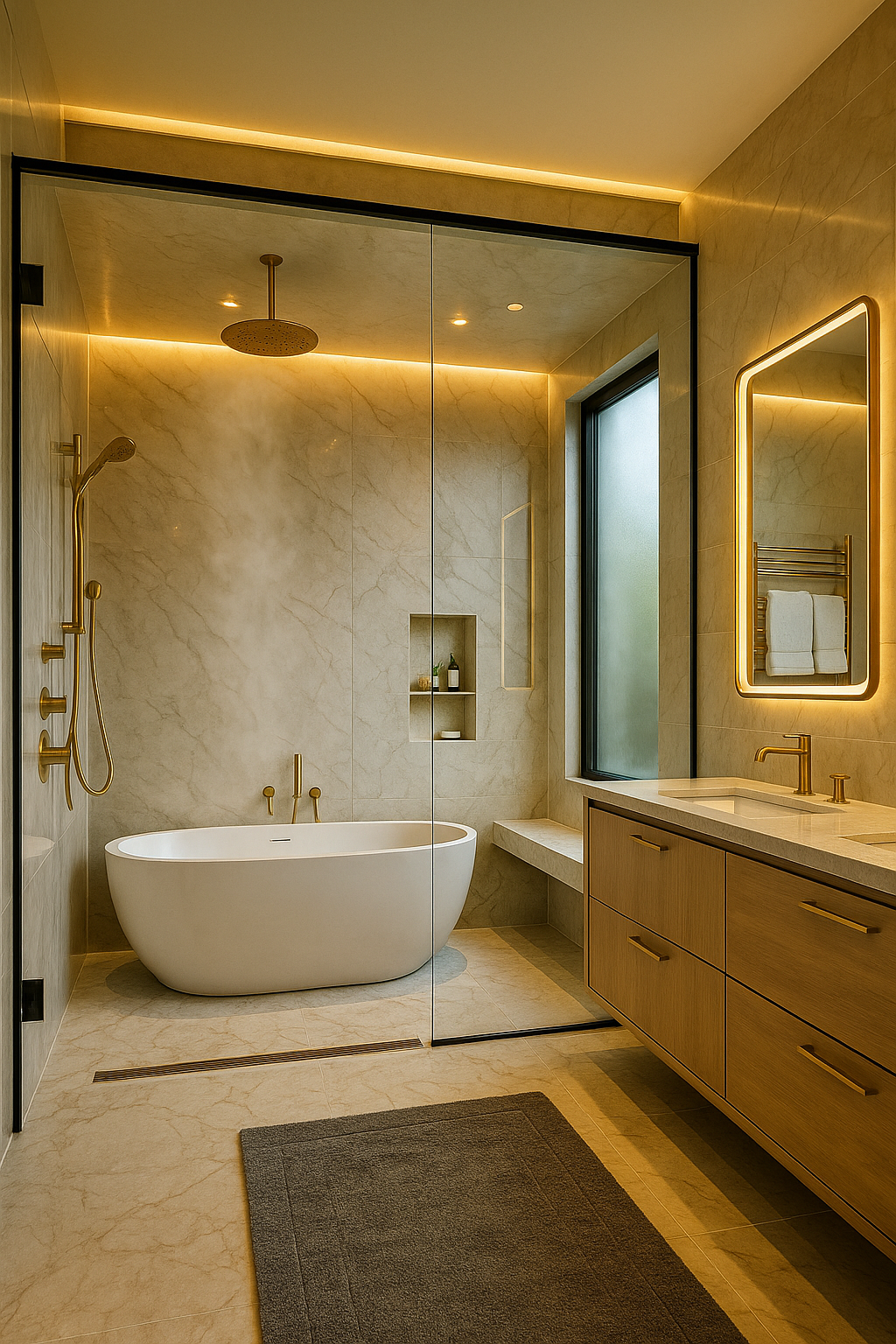 Modern bathroom with a freestanding tub, walk-in shower, wooden vanity, and gold accents.