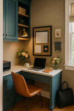 Cozy home office nook with blue cabinets, tan leather chair, laptop on desk, and wall decor.