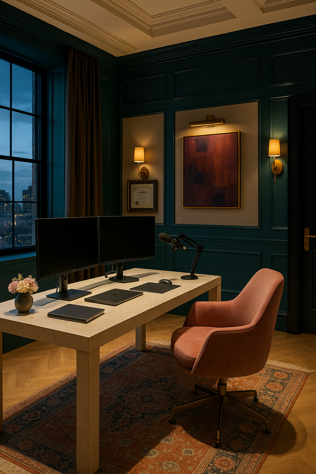 Cozy office with two computer monitors, a pink chair, and a city view. Teal walls, artwork, and warm lighting.