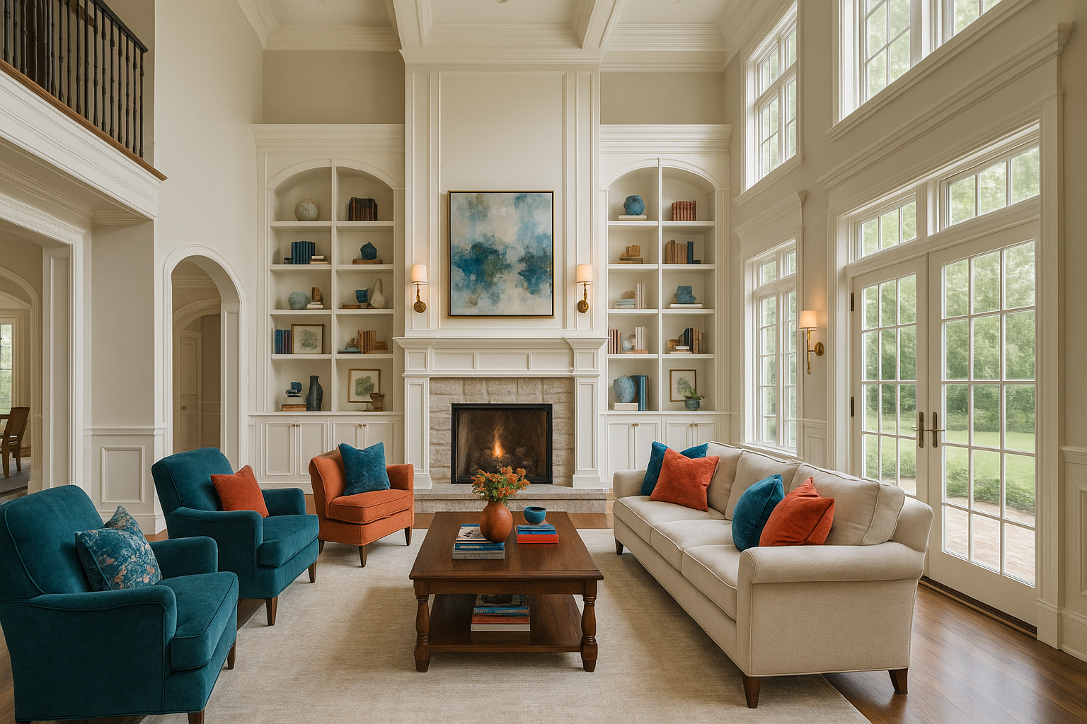 Living room with teal and orange furniture, fireplace, built-in shelves, and large windows.
