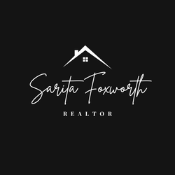 Logo: White cursive text "Sarita Foxworth" under a house icon, "REALTOR" below, on black background.