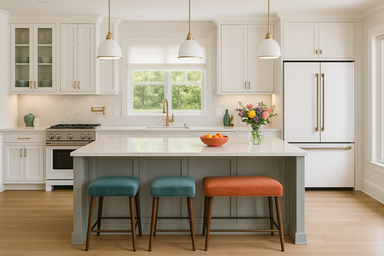 Kitchen with white cabinets, blue and orange stools at island, and a colorful flower bouquet.