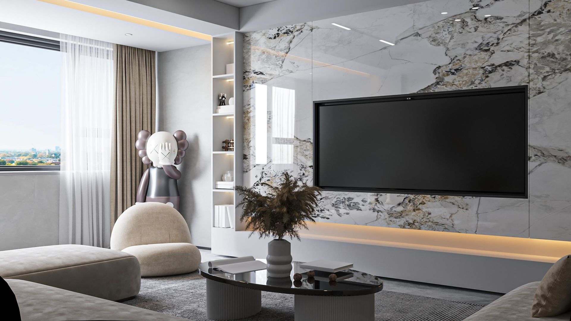 A living room with two couches, a fireplace, and a ceiling fan.