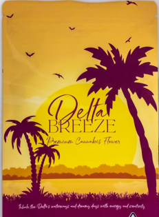 Delta Breeze cannabis packaging featuring palm trees and sunset theme