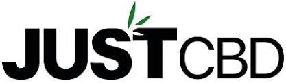 JUSTCBD logo with black bold lettering and green cannabis leaf on the T
