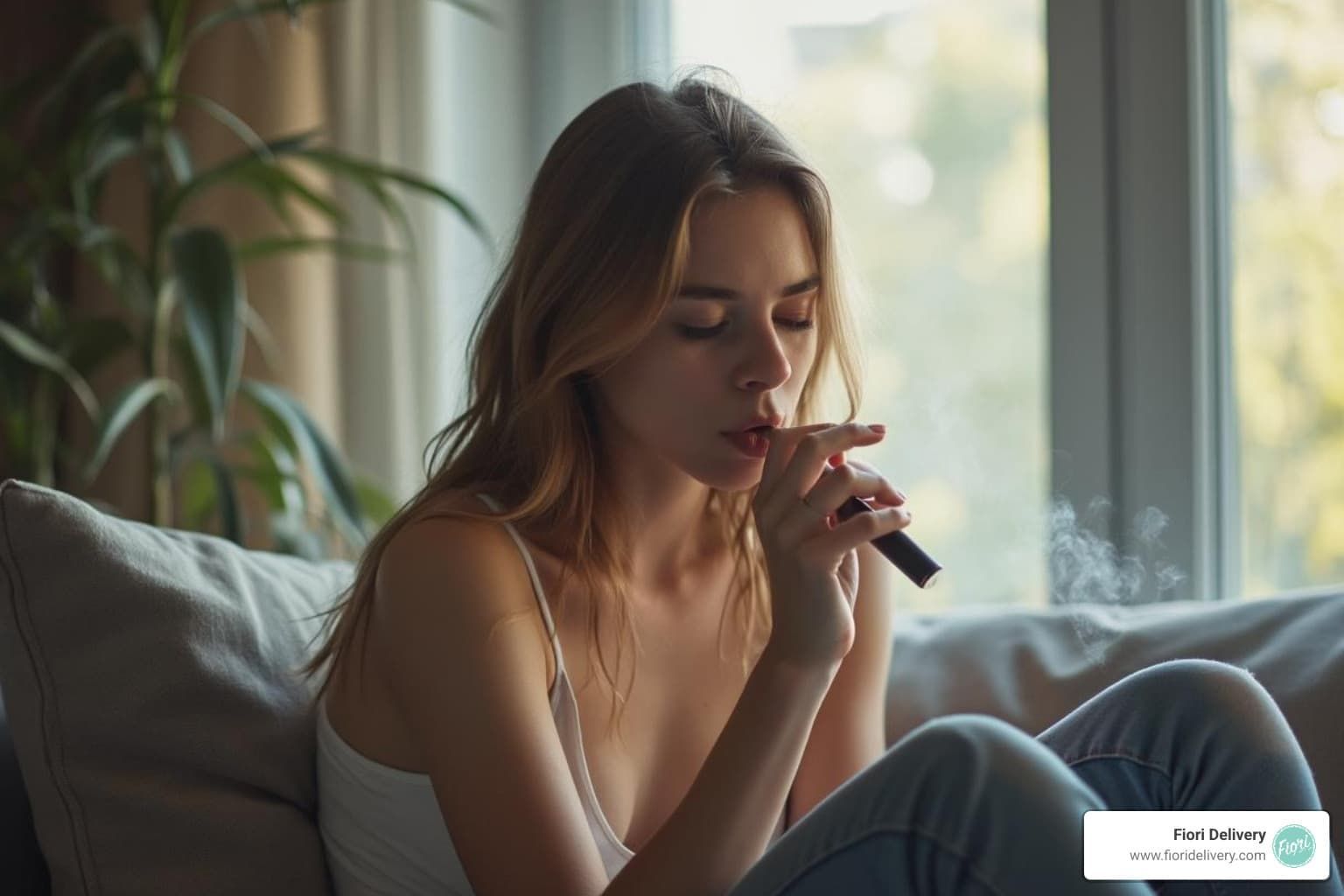 person discreetly using a vape pen - THC vape pen delivery