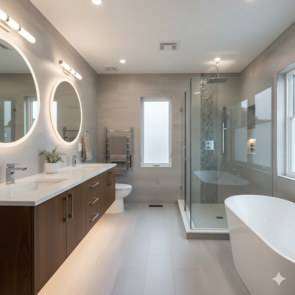 Modern bathroom with double vanity, walk-in shower, and freestanding tub. Gray walls and wood cabinets.