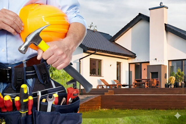 Handyman with tools in front of a house, holding a hard hat and hammer.