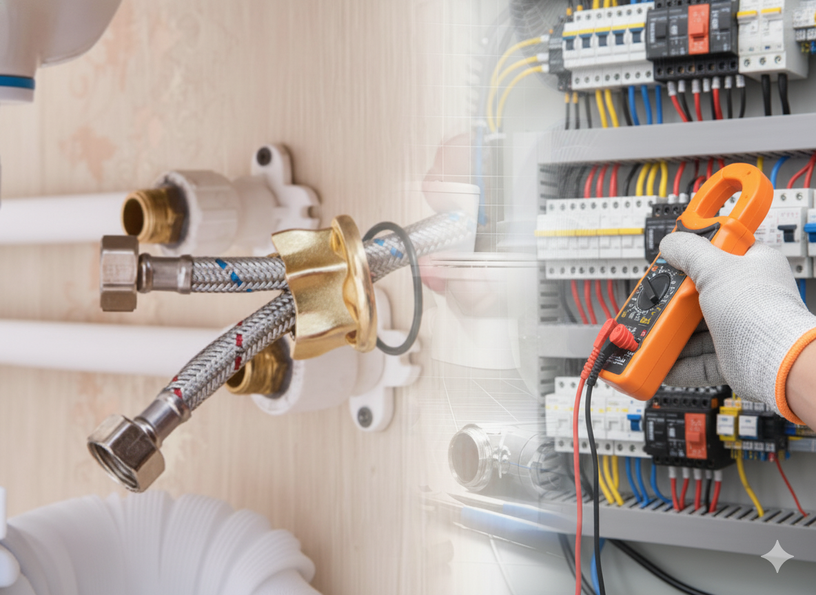 Plumbing fixture and electrical panel overlapping; a person tests circuits with a meter.