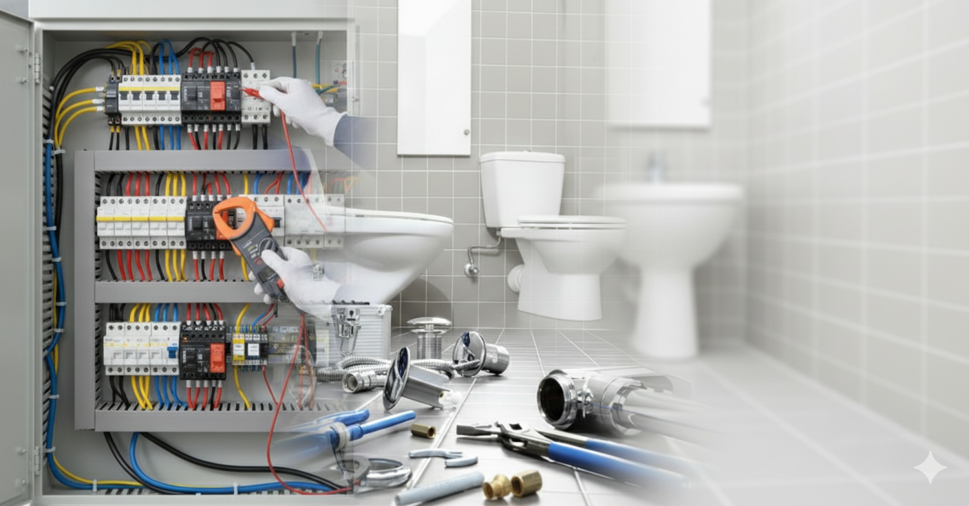 Electrician working on electrical panel in a bathroom setting, surrounded by tools and two toilets.