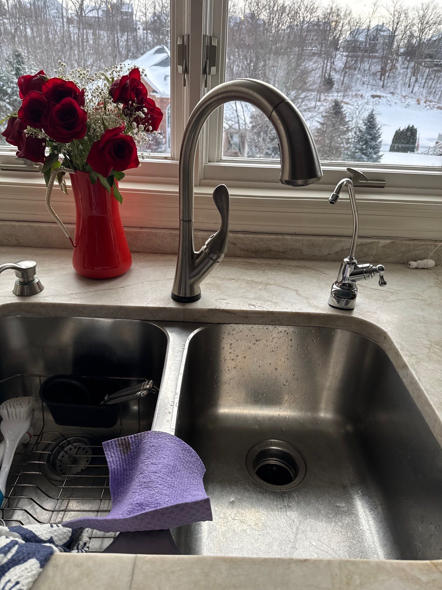 Stainless steel kitchen sink with faucet, flowers, and a snowy window view.