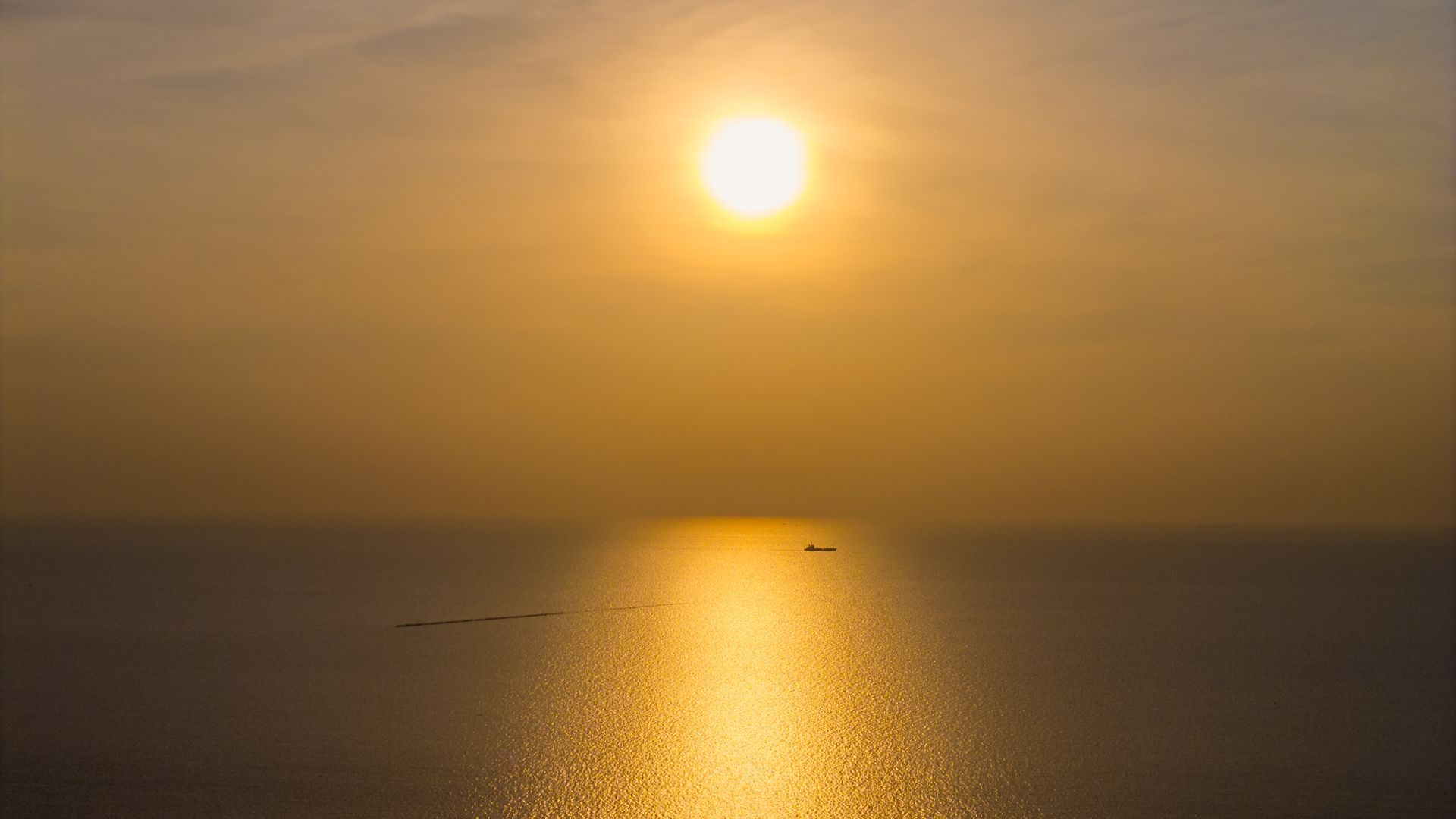 阳光灿烂地照耀着平静的海面，反射出金色的光芒。