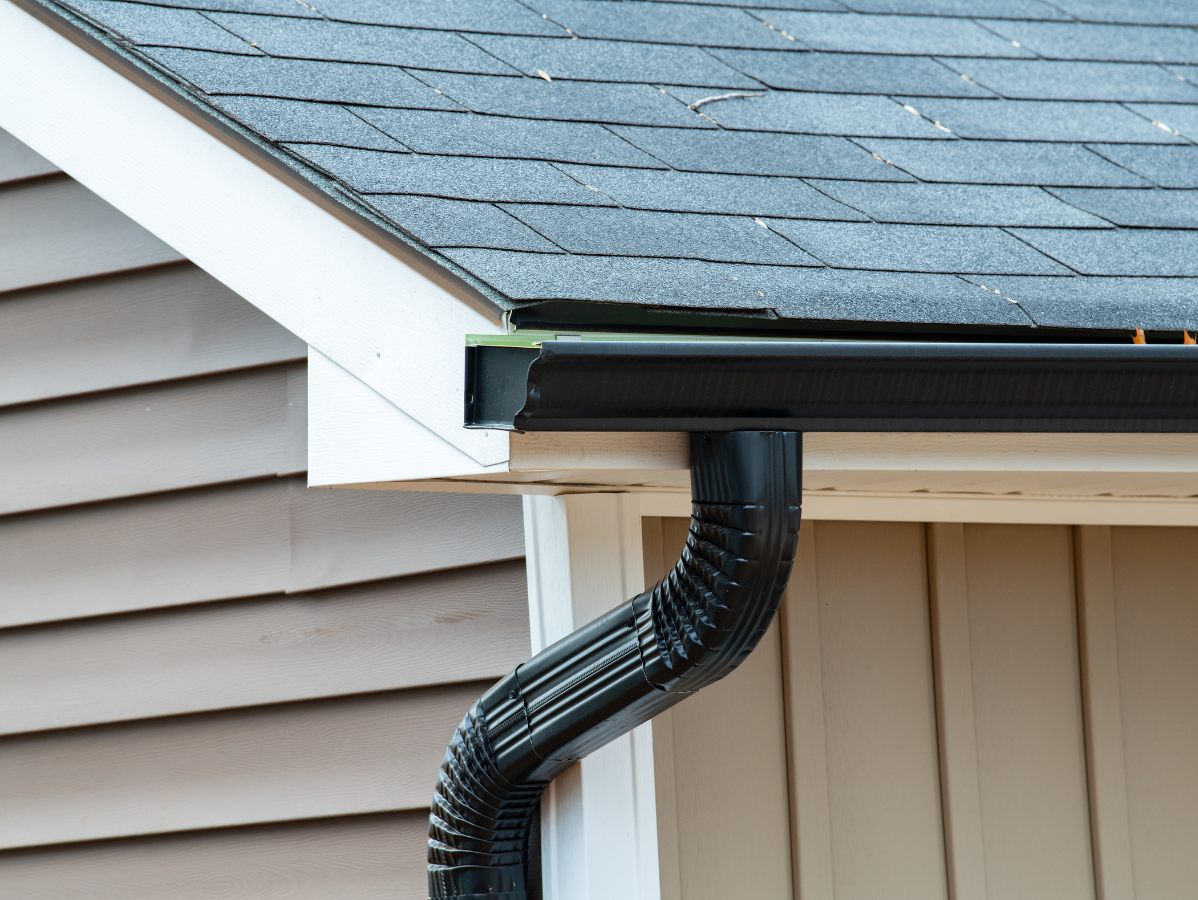Black gutter and downspout on a roof with gray shingles and beige siding.