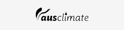 Logo for ausclimate: a black leaf-like design with 