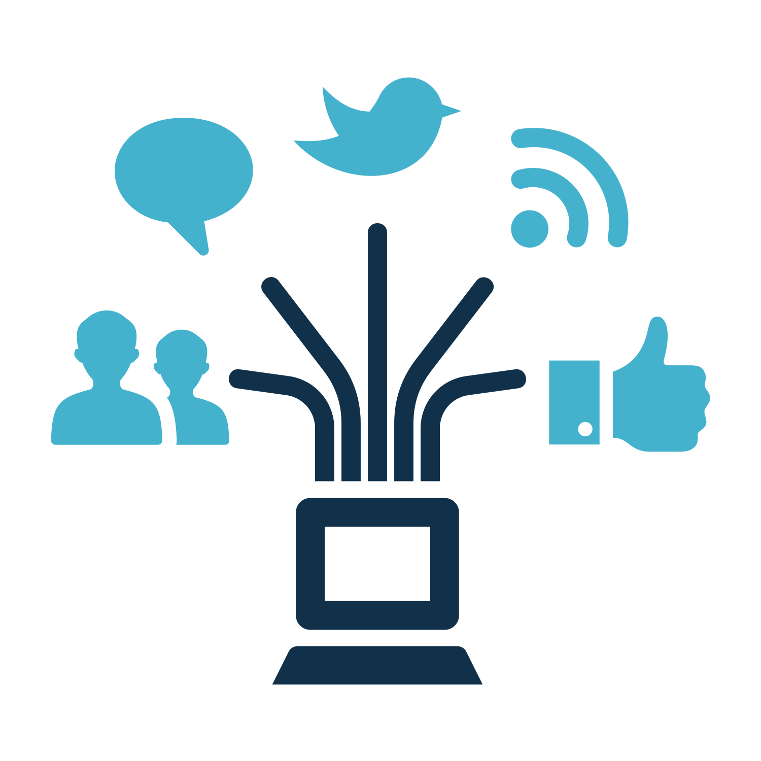 Blue and dark blue graphic of fiber optic cable connected to social media icons.