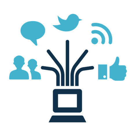 Blue and dark blue graphic of fiber optic cable connected to social media icons.