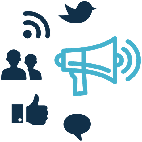 Social media icons including megaphone, thumbs up, and speech bubble.