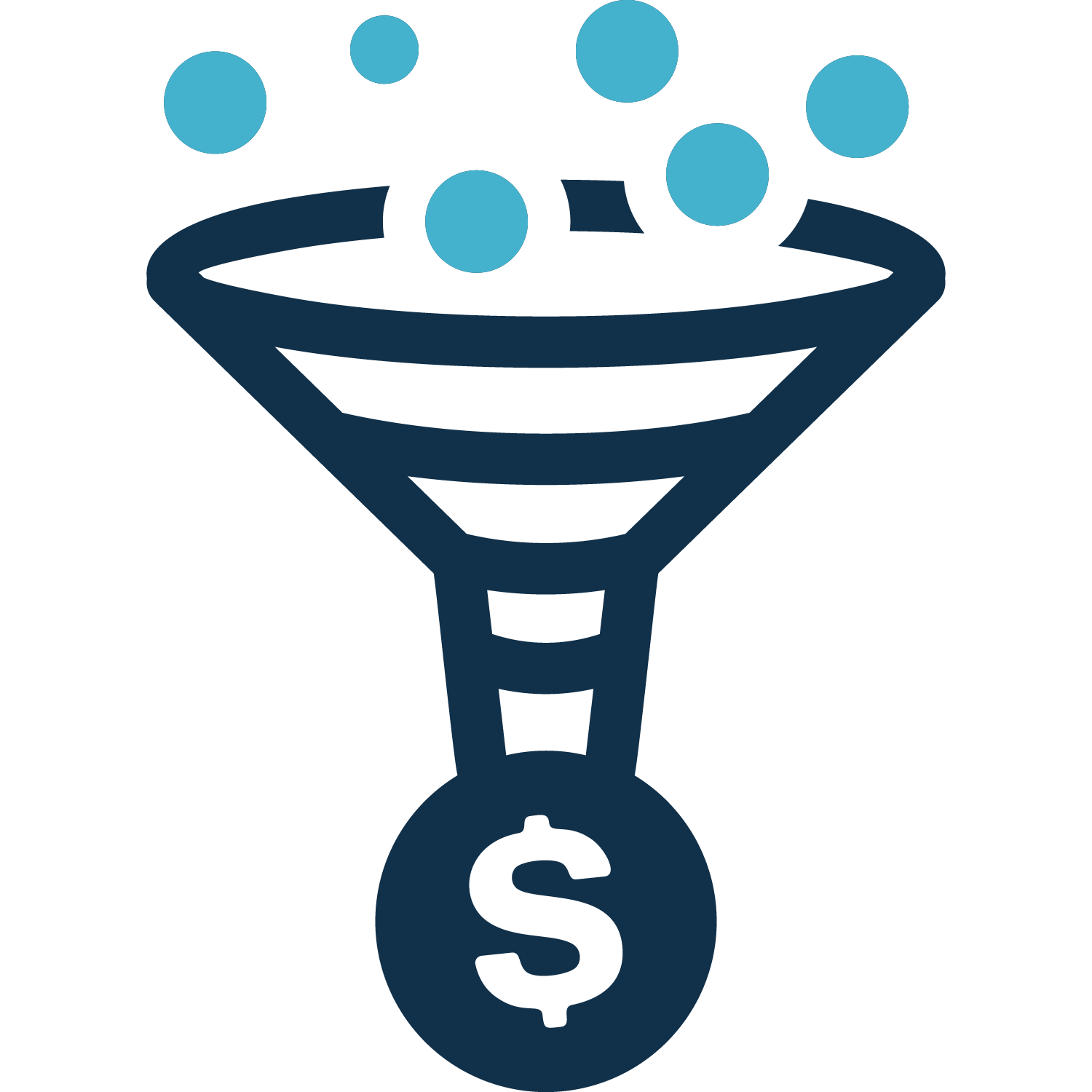 Blue funnel with blue dots at the top, a dollar sign at the bottom, symbolizing sales.