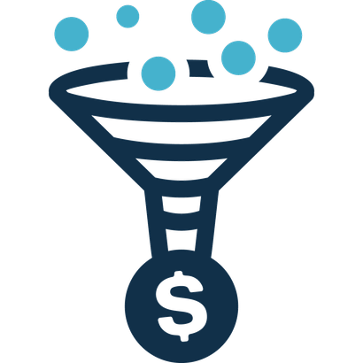 Blue funnel with blue dots at the top, a dollar sign at the bottom, symbolizing sales.