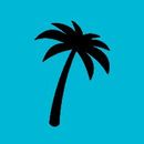 Black silhouette of a palm tree on a bright blue background.