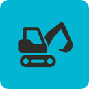 Gray excavator icon on a blue background.