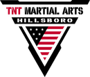 The logo for tnt martial arts hillsboro has an american flag in a triangle.