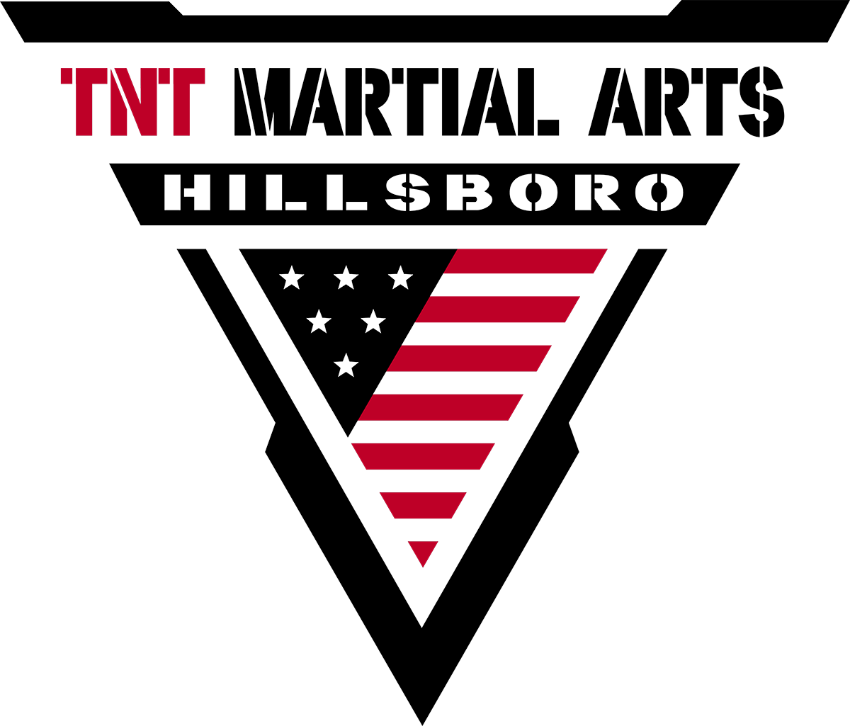 The logo for tnt martial arts hillsboro has an american flag in a triangle.