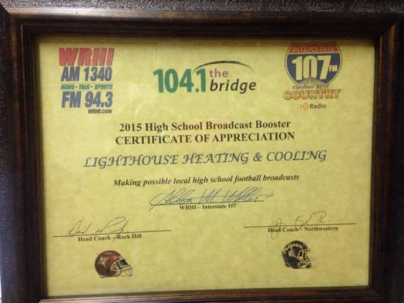 Certificate Of Appreciation For Lighthouse Heating & Cooling - Rock Hill, SC - Lighthouse Heating & Cooling Specialists Inc
