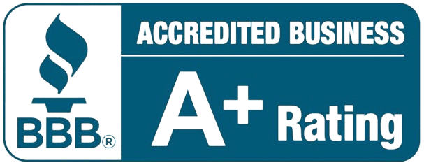 BBB Accredited Business with an A+ rating, a torch symbol, and a blue and white color scheme.