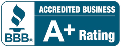 BBB Accredited Business with an A+ rating, a torch symbol, and a blue and white color scheme.