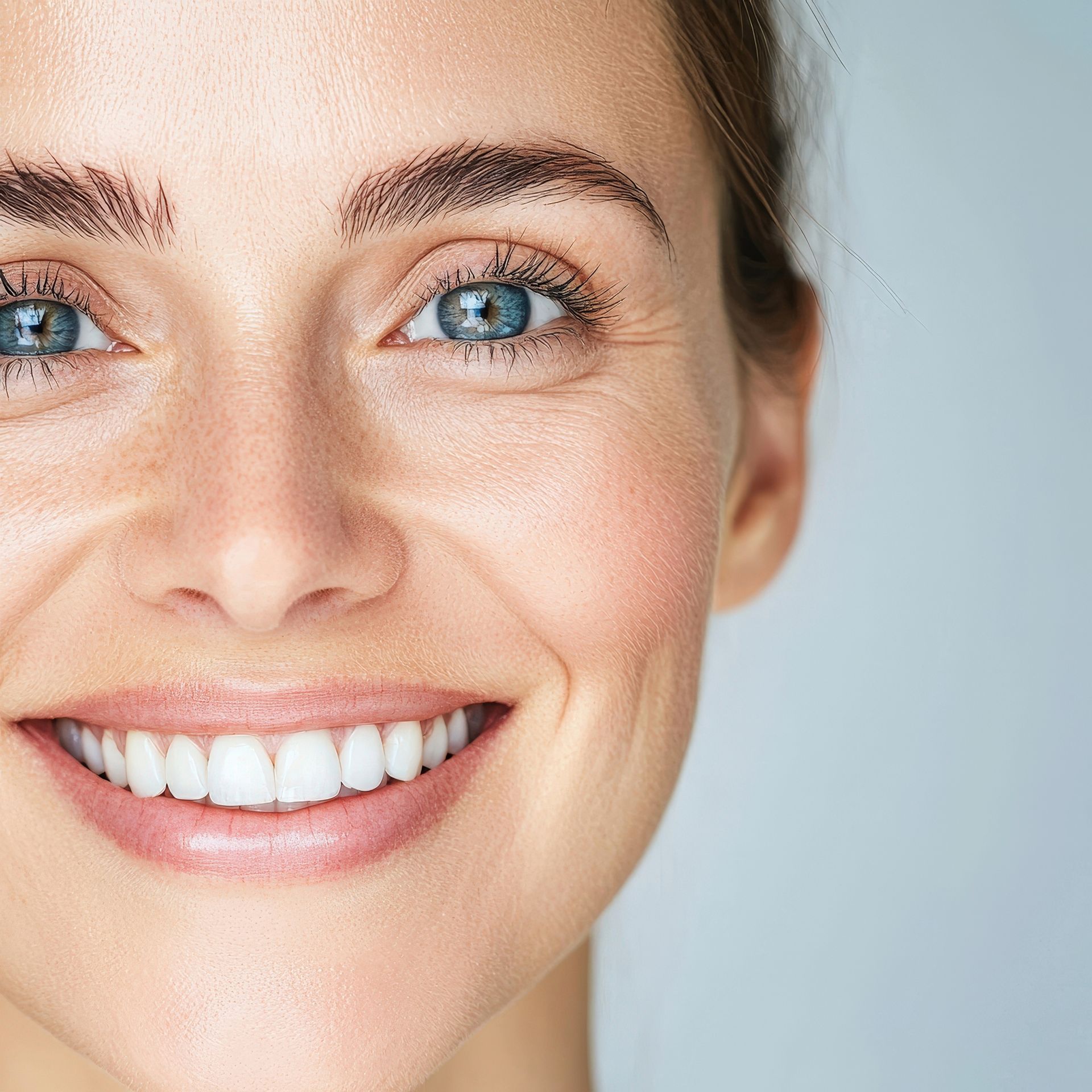 A close up of a woman's face with a big smile on her face.