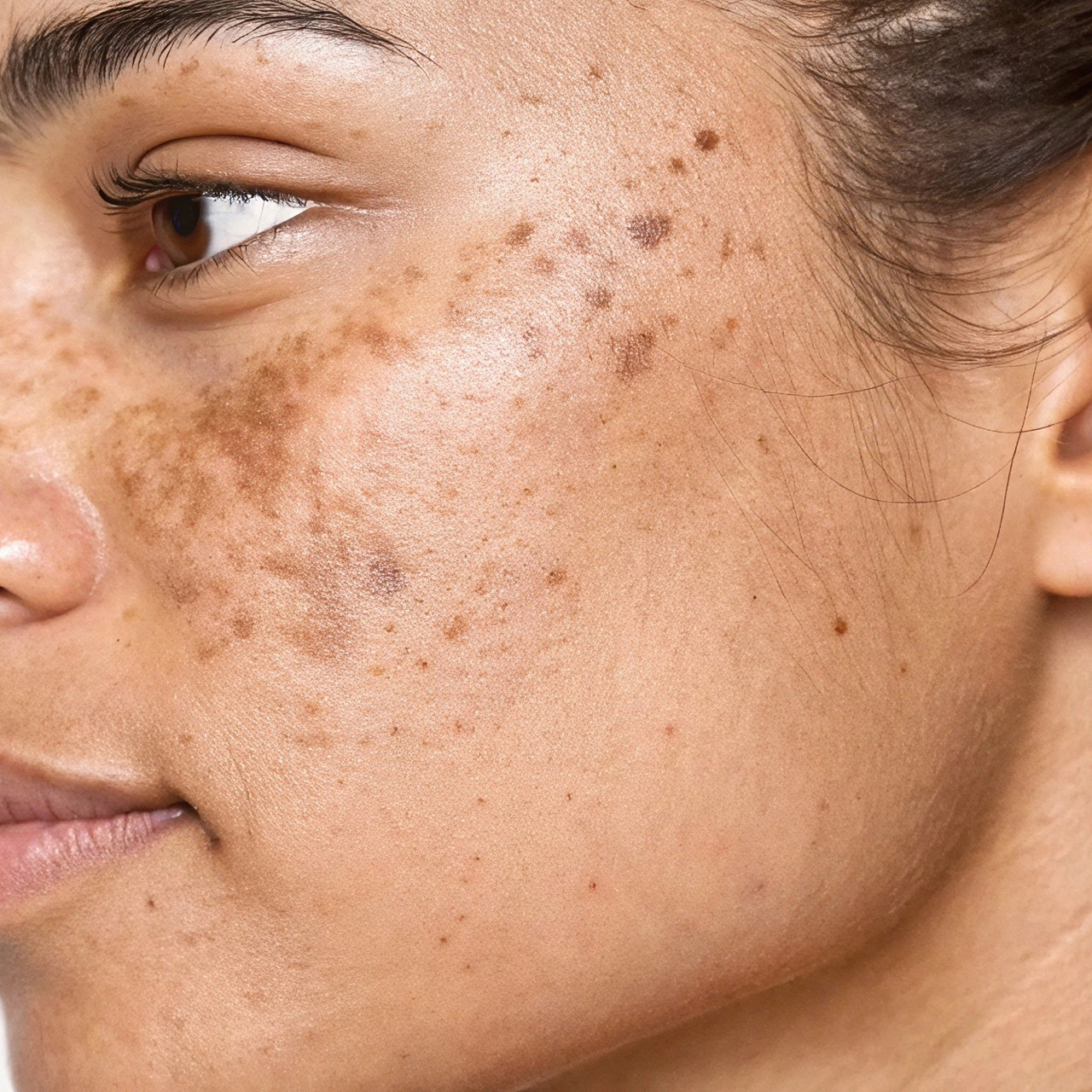 A close up of a woman's face with freckles.