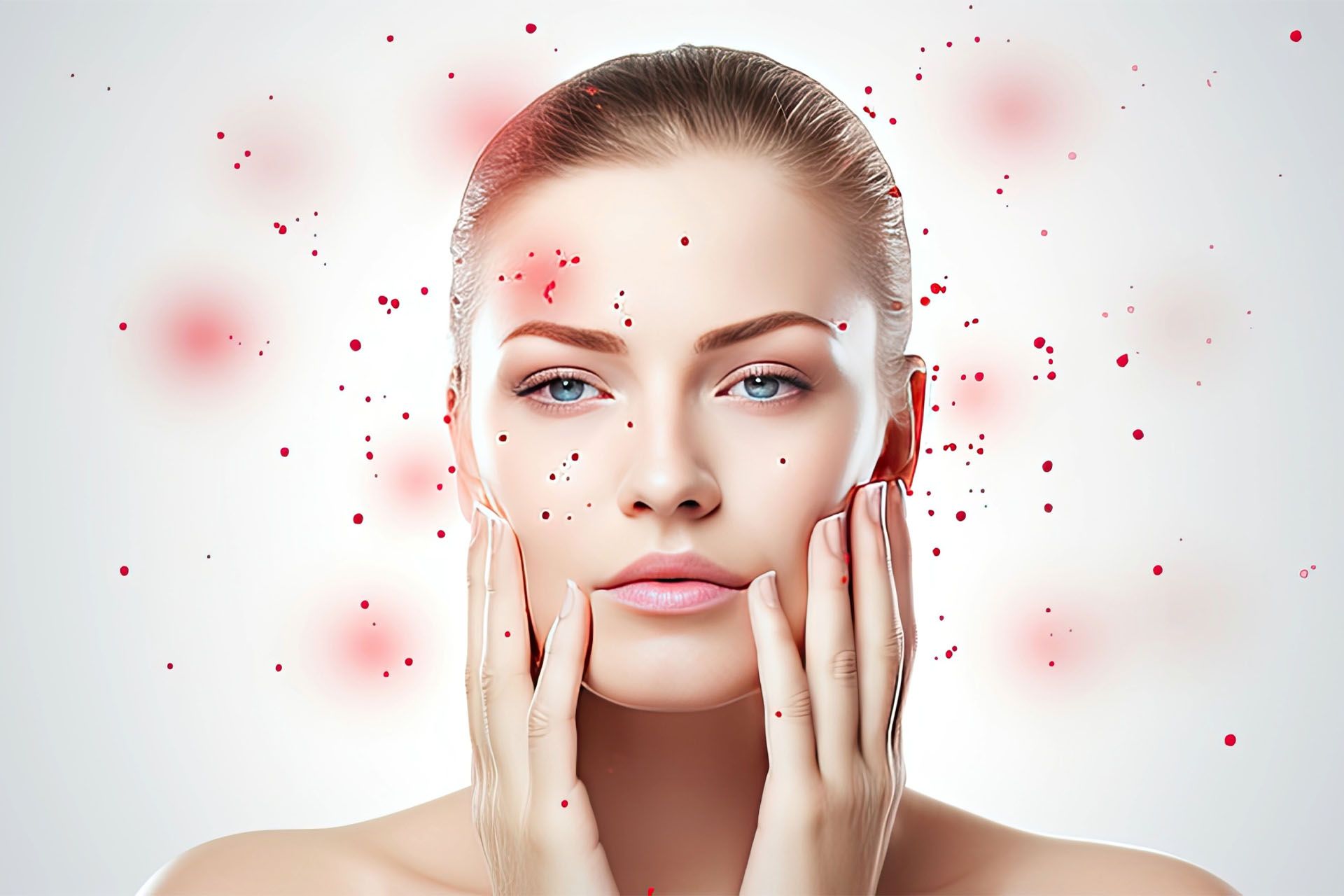 A woman with acne on her face is touching her face.