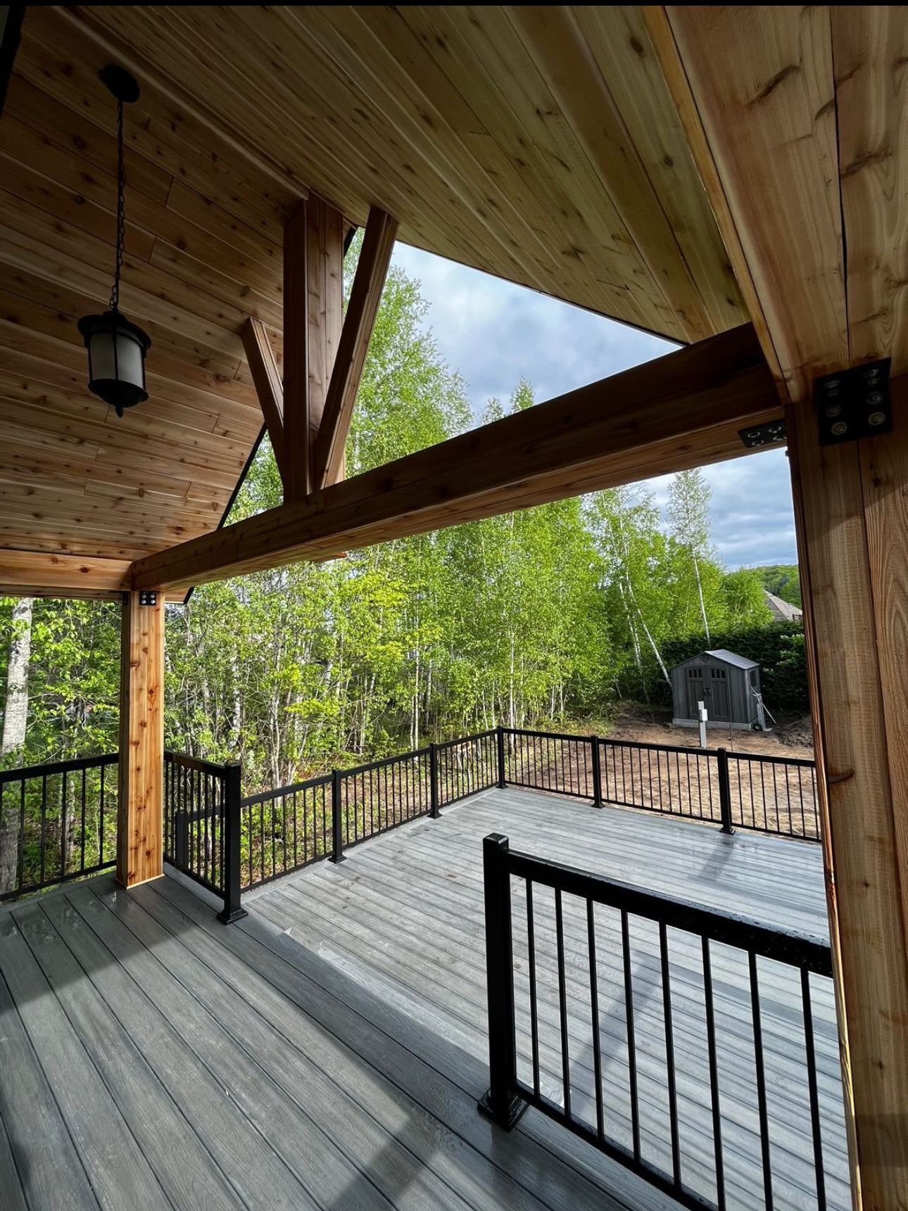 Une terrasse en bois avec une balustrade noire et des arbres en arrière-plan.