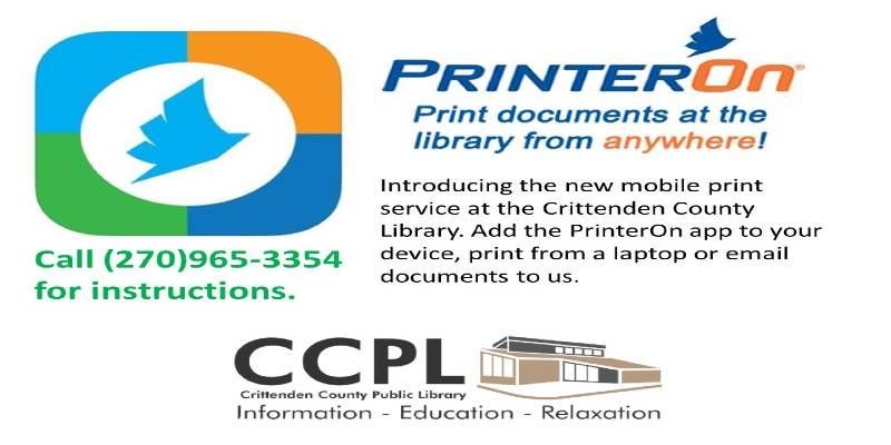 A poster that says printeron print documents at the library from anywhere